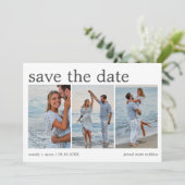 Minimalistische trouwkaart met drie foto's  save the date (Staand voorkant)