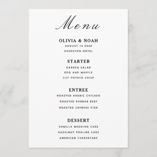 Minimalistische Trouwkaart Zwart & Wit Menu  (Voorkant)