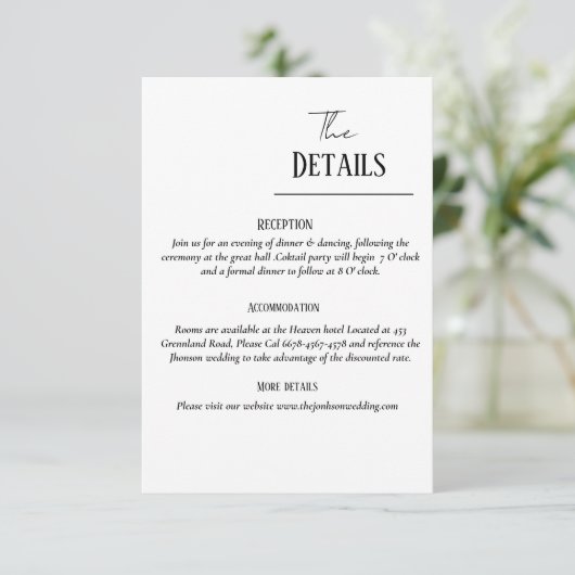 Minimalistische trouwkaartenset, trouwdetails  informatiekaartje (Staand voorkant)
