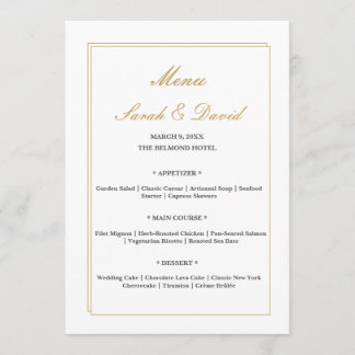 Minimalistische trouwmenu kaart met gouden rand