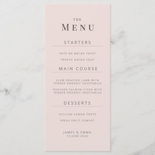 Minimalistische Trouwmenu | Warm Blush Menu (Voorkant)