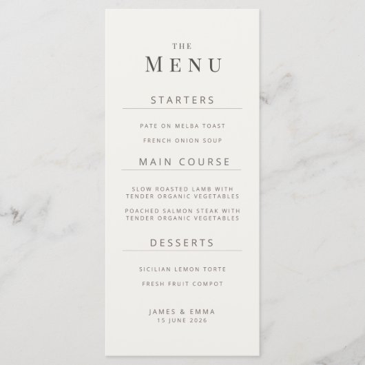 Minimalistische Trouwmenu | Warm Wit Menu (Voorkant)