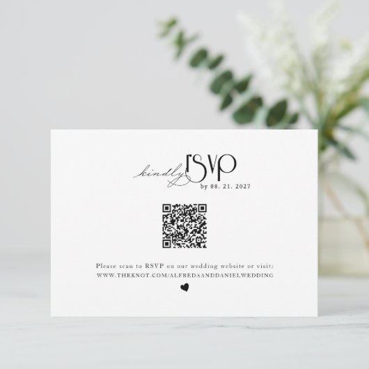 Minimalistische trouwwebsite QR-code RSVP Kaartje (Staand voorkant)