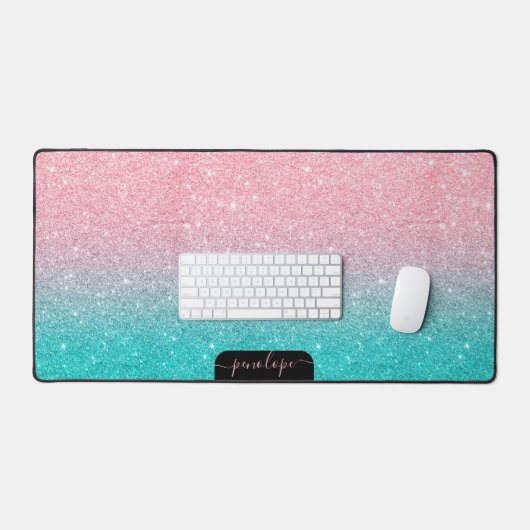 Minimalistische turkoois en roze glitter gradiënt bureaumat (Keyboard & Muis)