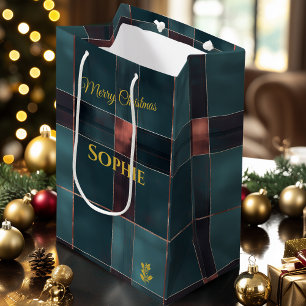 Minimalistische turquoise en bordeauxruit kerst- medium cadeauzakje