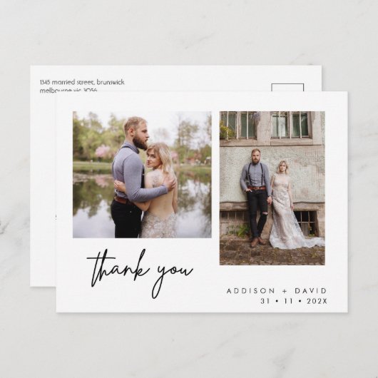 Minimalistische twee foto bruiloft dank u Briefkaa Briefkaart (Voorkant / Achterkant)