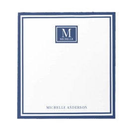 Minimalistische twee-rand monogram naam navyblauw notitieblok