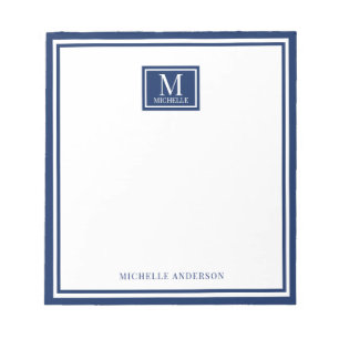 Minimalistische twee-rand monogram naam navyblauw notitieblok