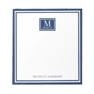Minimalistische twee-rand monogram naam navyblauw notitieblok