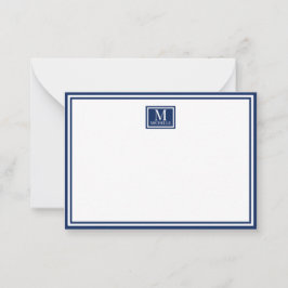 Minimalistische twee-rand monogram naam navyblauw notitiekaartje