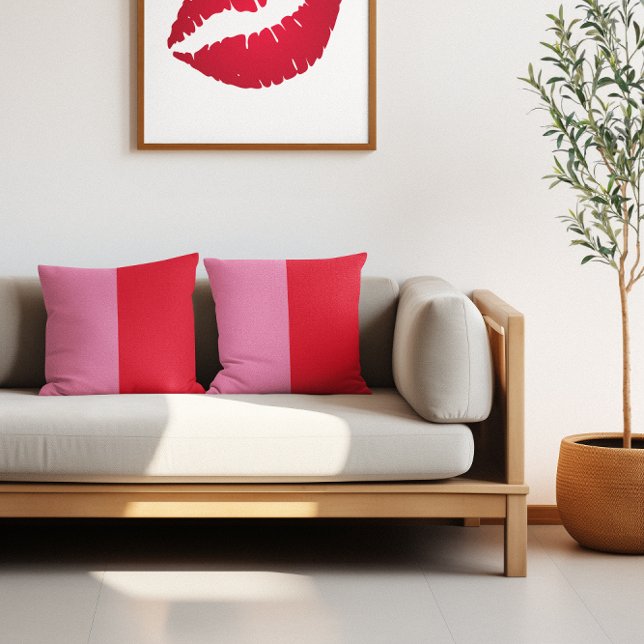 Minimalistische Twee Tone Roze en Rode Kleurenblok Kussen (Minimalist Two Tone Pink and Red Color Block Throw Pillow)