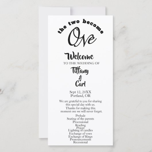 Minimalistische twee worden één wit huwelijksprogr (Voorkant)