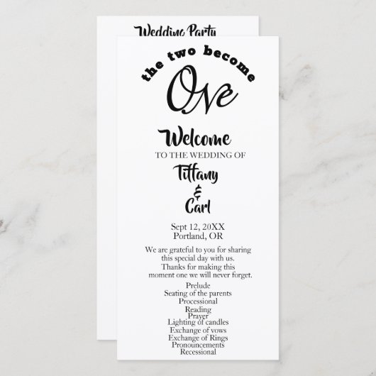 Minimalistische twee worden één wit huwelijksprogr (Voorkant / Achterkant)