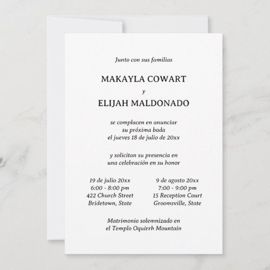 Minimalistische tweetalige Spaans-Engels twee rece Kaart (Achterkant)