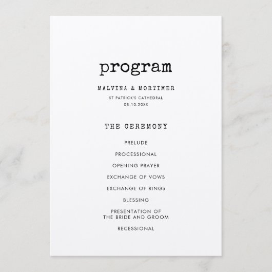 Minimalistische tweezijdige schrijfmachine trouwka programmakaart (Voorkant)