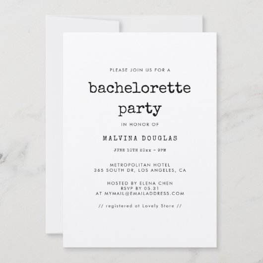 minimalistische typemachelorette kaart (Voorkant)