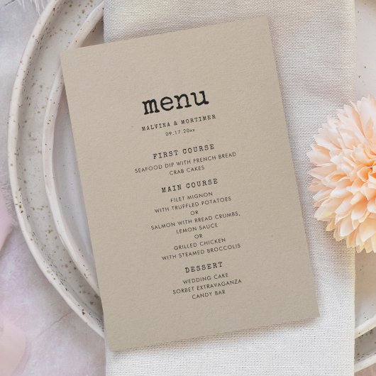 minimalistische typemachine bruiloft menu