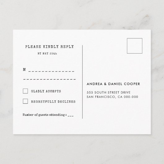 minimalistische typemachine RSVP Briefkaart (Achterkant)