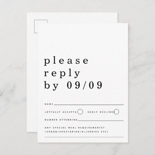 Minimalistische Typografie Black White Wedding RSV Briefkaart (Voorkant / Achterkant)