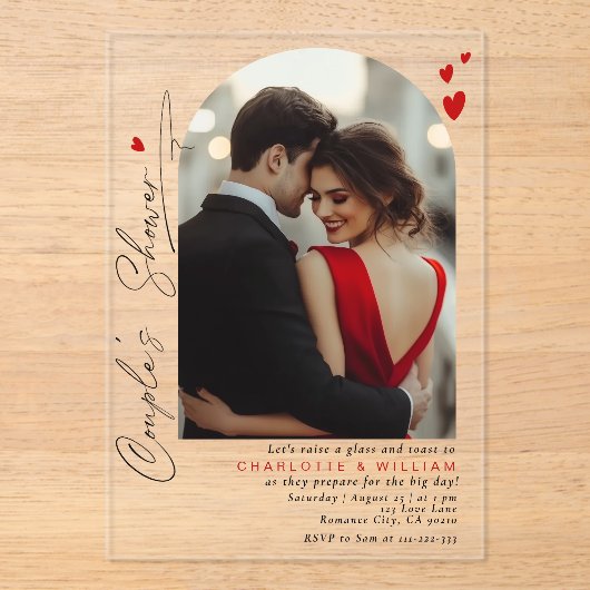 Minimalistische typografie Boog Foto Koppels Douch Acryl Uitnodigingen (Voorkant)