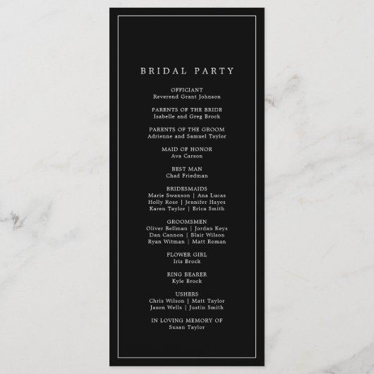 Minimalistische typografie | Donker zwart bruiloft Programmakaart (Achterkant)