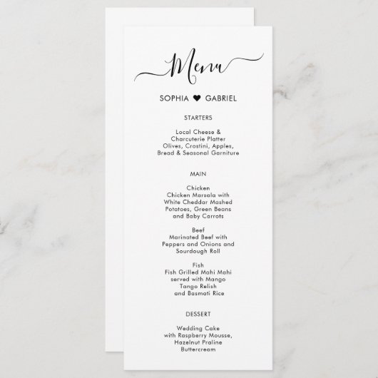 Minimalistische Typografie Hart Bruiloft Menu Kaar (Voorkant / Achterkant)