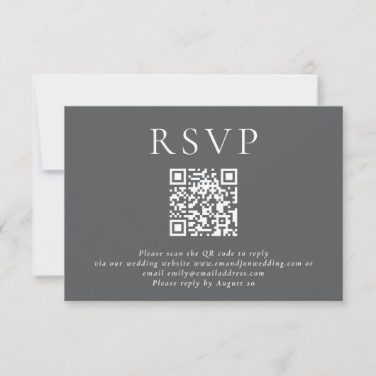 Minimalistische Typografie QR Code Trouwgrijs RSVP Kaartje (Voorkant)
