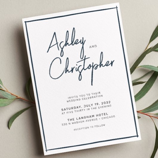 Minimalistische typografie Script Indigo Blue Wedd Kaart