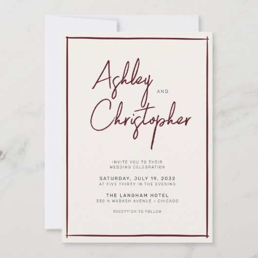Minimalistische typografie Script Maroon Wedding Kaart (Voorkant)
