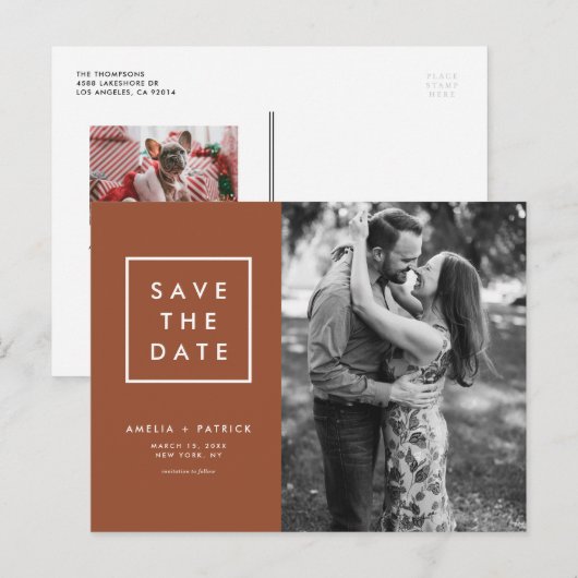 Minimalistische Typografie Terracotta Save the Dat Aankondigingskaart (Voorkant / Achterkant)