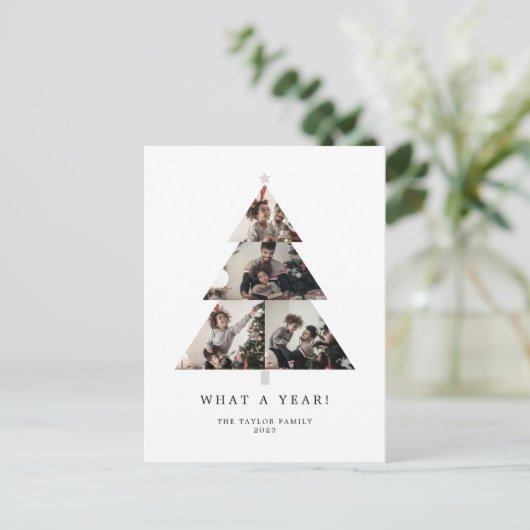 Minimalistische typografie Wat een jaar Kerstboom Feestdagenkaart (Staand voorkant)