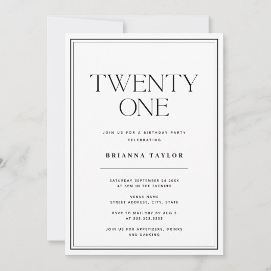 Minimalistische typografie Zwart & Wit 21e verjaar Kaart (Voorkant)