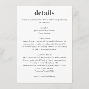 Minimalistische typografie Zwart-wit huwelijksdeta Informatiekaartje