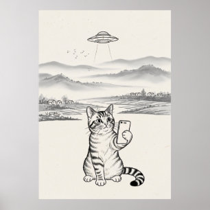 Minimalistische UFO Kat Zwarte en Witte Kat Poster