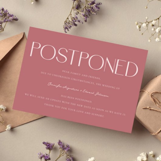 Minimalistische uitgestelde bruiloft update roze kaart