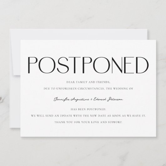 Minimalistische Uitgestelde Trouwupdate Wit Kaart (Voorkant)