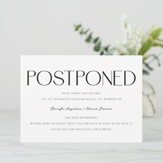 Minimalistische Uitgestelde Trouwupdate Wit Kaart (Staand voorkant)