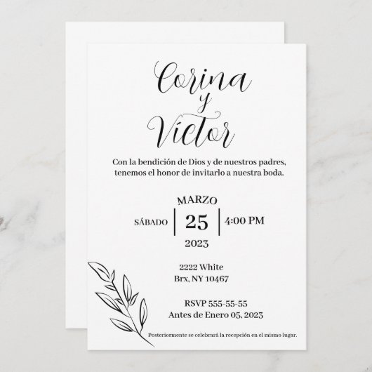 Minimalistische uitnodiging in het Spaans (Voorkant / Achterkant)