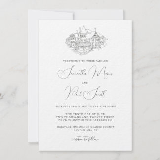 Minimalistische uitnodiging met schets van de loca