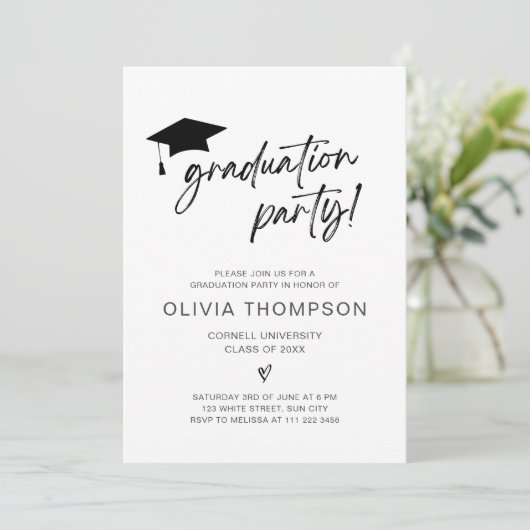 Minimalistische uitnodiging voor Afstuderen script (Staand voorkant)