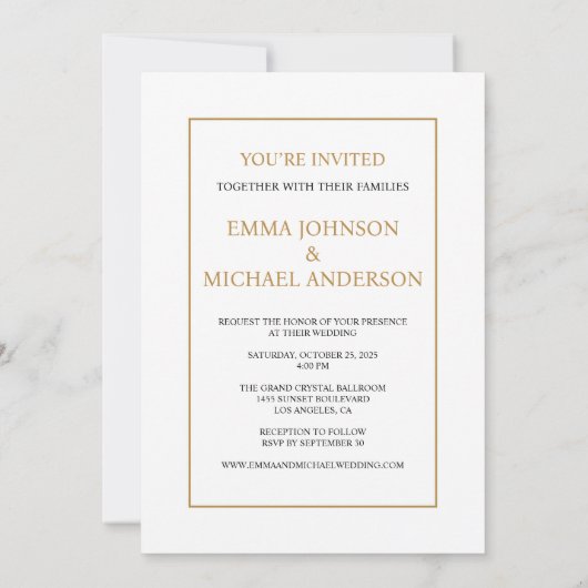 Minimalistische uitnodiging voor een witte en goud (Achterkant)