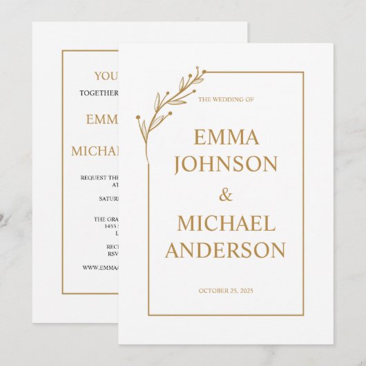 Minimalistische uitnodiging voor een witte en goud (Voorkant / Achterkant)