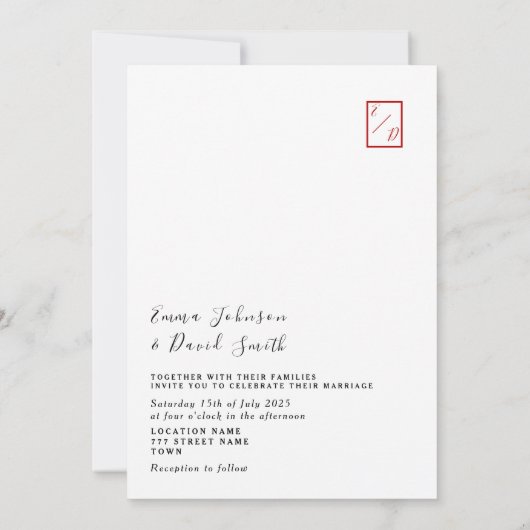 Minimalistische uitnodiging voor rode kalligrafie (Achterkant)