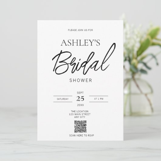 Minimalistische uitnodiging voor zwart-wit QR-code (Staand voorkant)