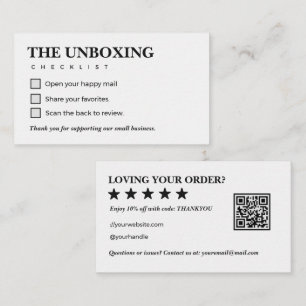 Minimalistische Uitpakkingschecklist Bedankt QR-co Visitekaartje
