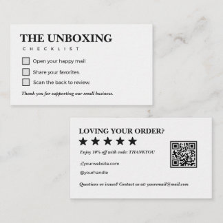 Minimalistische Uitpakkingschecklist Bedankt QR-co Visitekaartje
