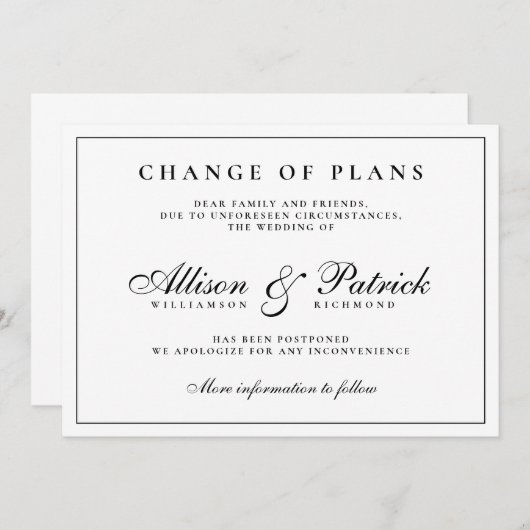 Minimalistische uitstel trouwdatum Zwart en Wit Aankondiging (Voorkant / Achterkant)