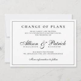 Minimalistische uitstel trouwdatum zwart-wit aankondiging