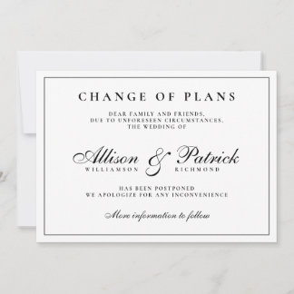 Minimalistische uitstel trouwdatum zwart-wit aankondiging