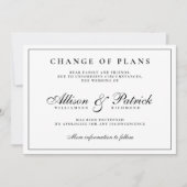 Minimalistische uitstel trouwdatum zwart-wit aankondiging (Voorkant)